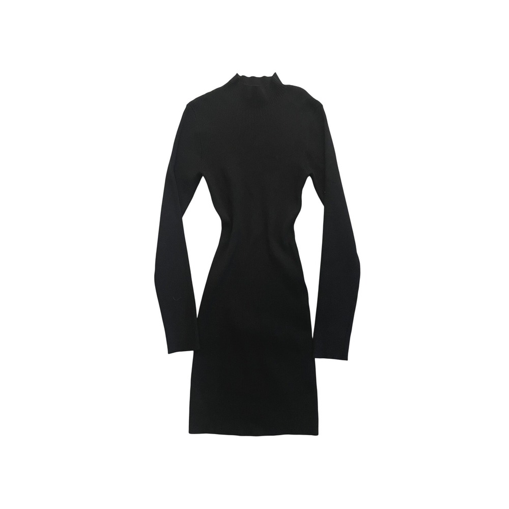 Minimalist Black Ribbed Mock Neck Dress Long Sleeve Mini Bodycon Size 8